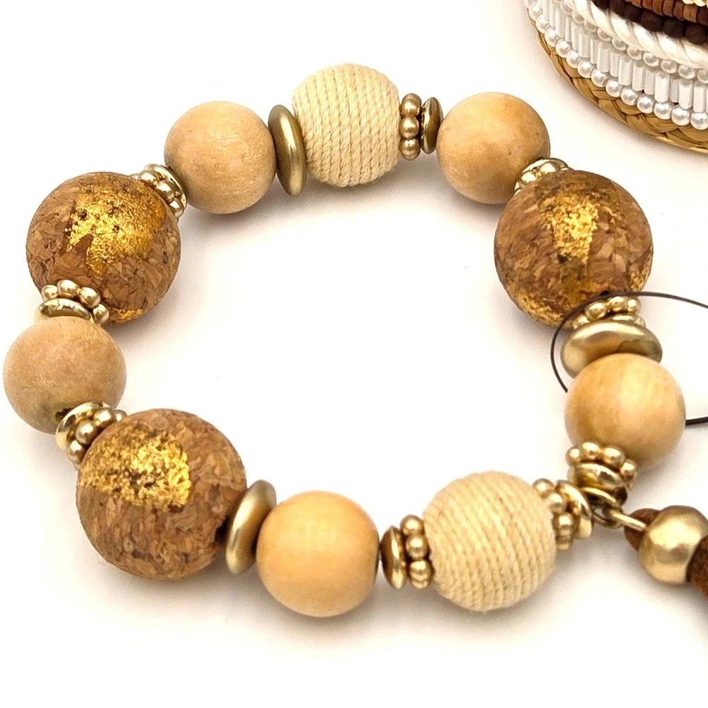 Chico's Global Textures Cuff & Amelia Stretch Tassel Bracelet Set NWT Gold Wood